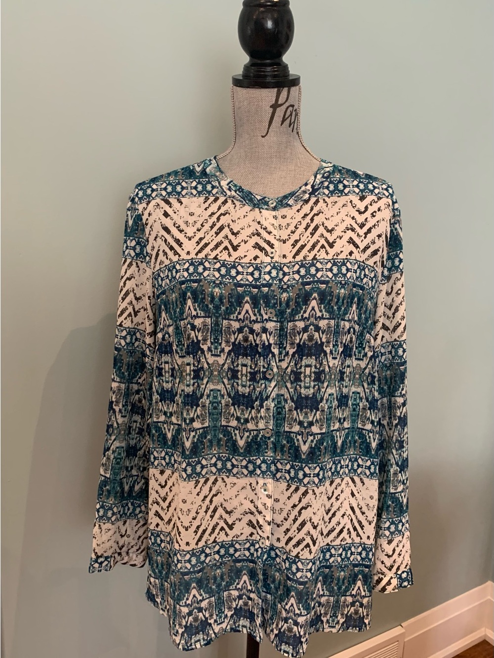 Tribal Teal and Cream Patterned Crewneck Sweater